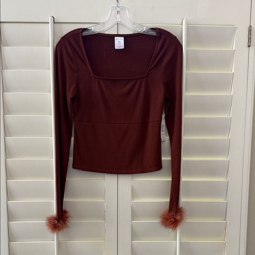 No Boundaries Brown Long Sleeve Top with Feather Cuffs